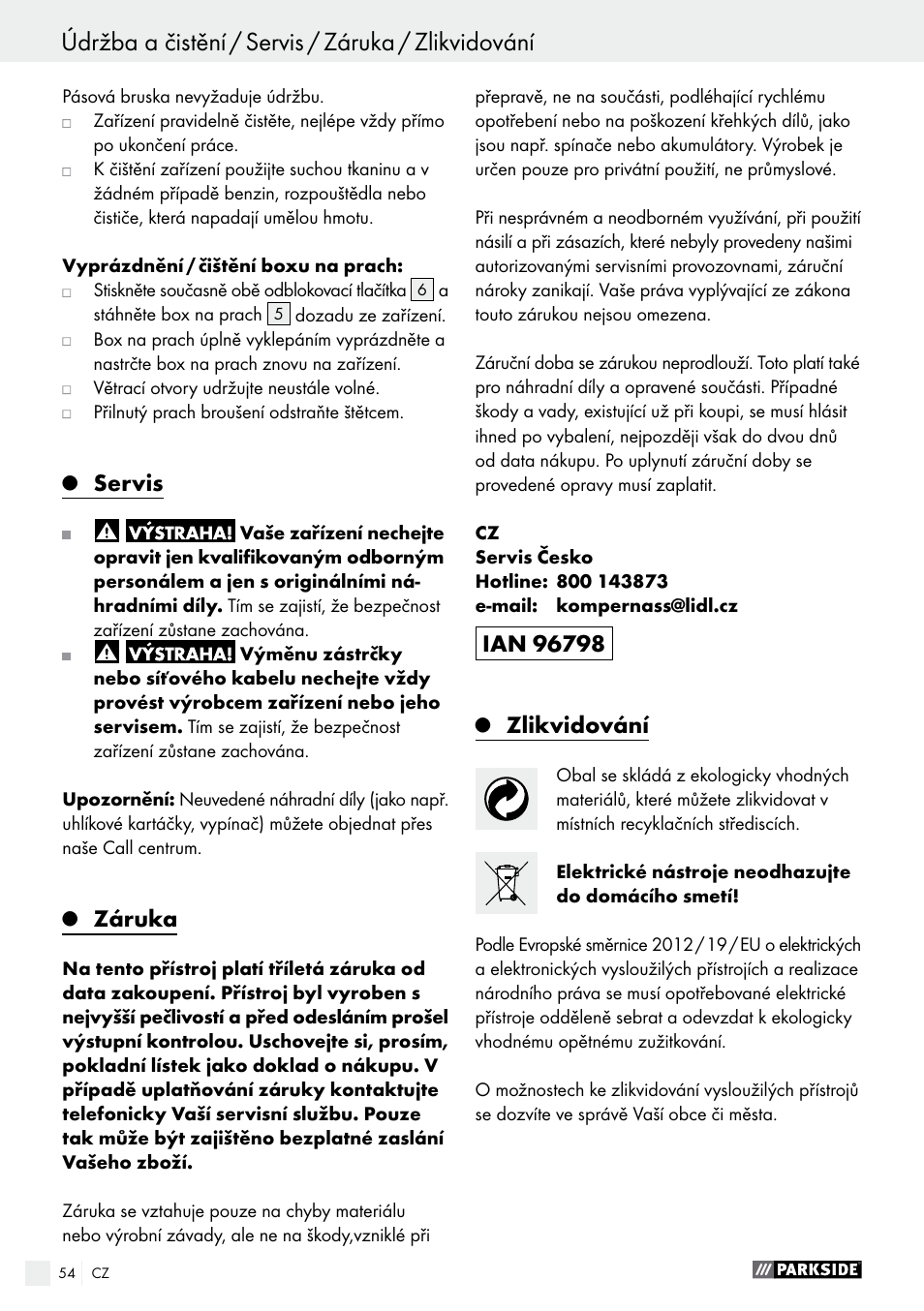 Údržba a čistění / servis / záruka / zlikvidování, Servis, Záruka | Zlikvidování | Parkside PBS 600 A1 User Manual | Page 54 / 77