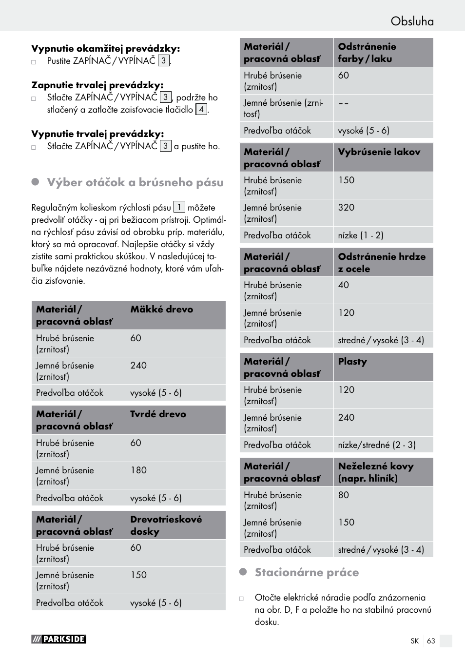 Uvedenie do prevádzky / obsluha, Obsluha, Výber otáčok a brúsneho pásu | Stacionárne práce | Parkside PBS 600 A1 User Manual | Page 63 / 77