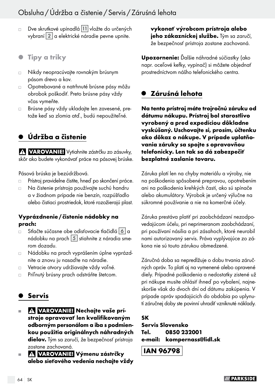 Tipy a triky, Údržba a čistenie, Servis | Záruśná lehota | Parkside PBS 600 A1 User Manual | Page 64 / 77