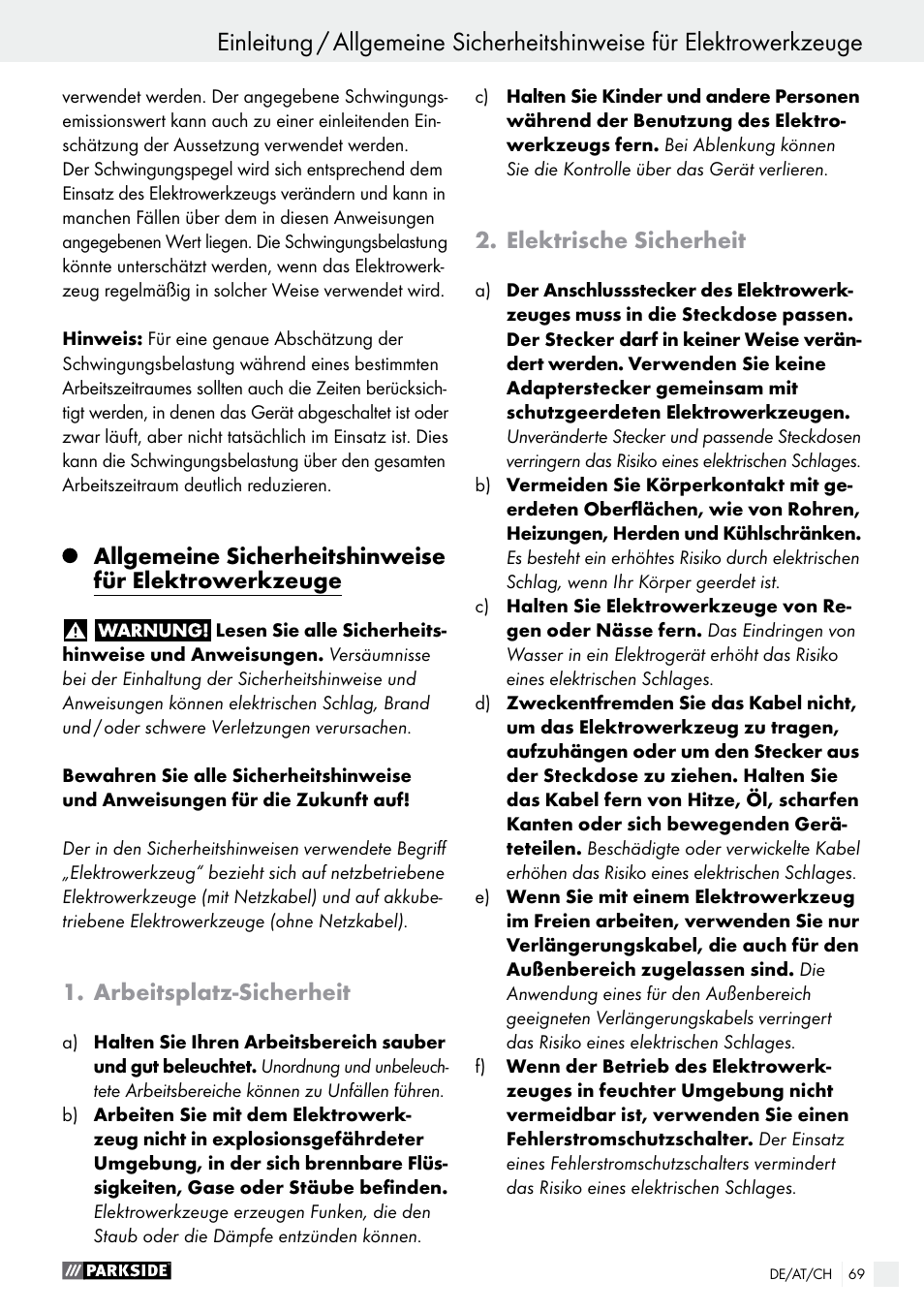 Arbeitsplatz-sicherheit, Elektrische sicherheit | Parkside PBS 600 A1 User Manual | Page 69 / 77