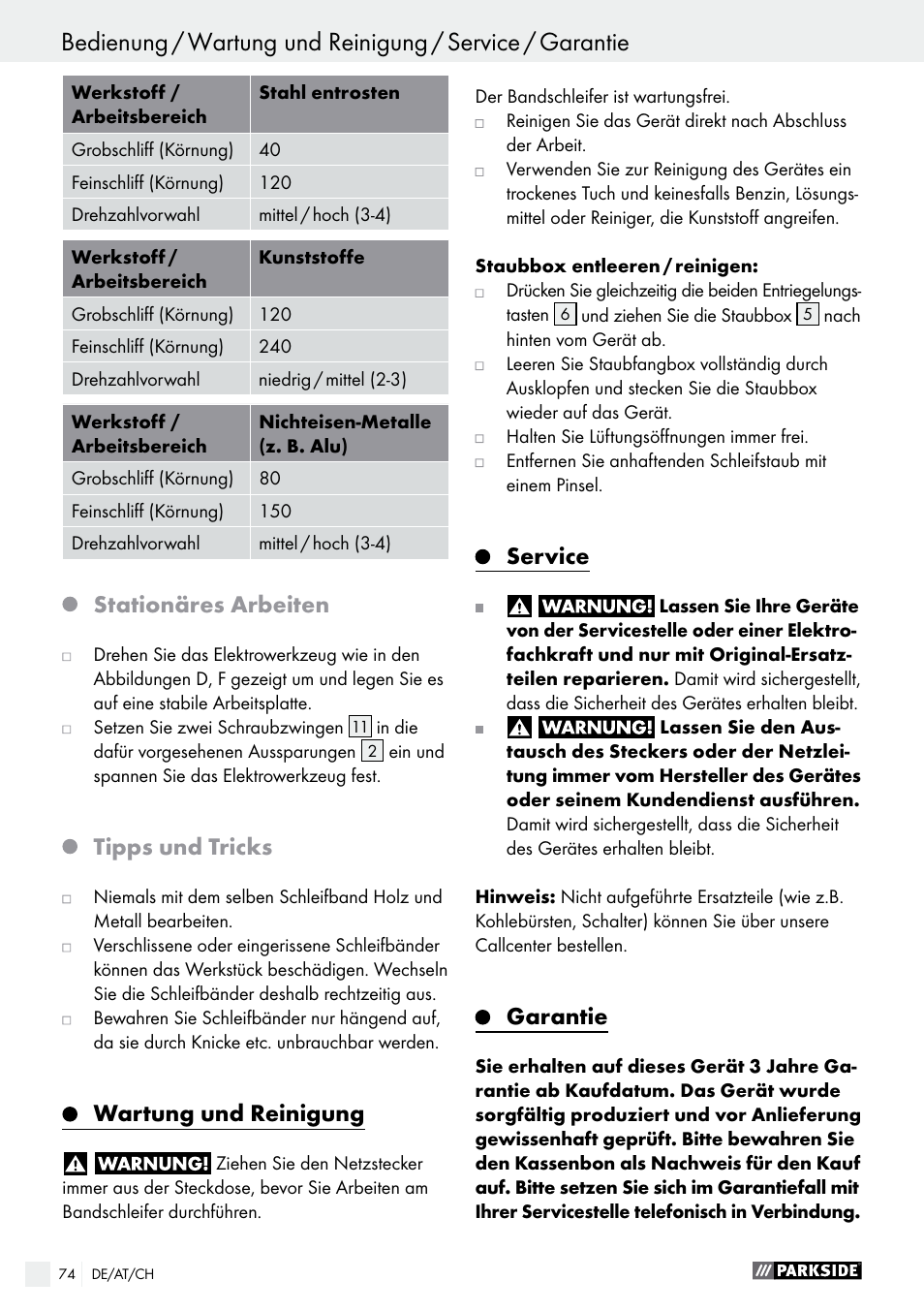 Garantie / entsorgung, Stationäres arbeiten, Tipps und tricks | Wartung und reinigung, Service, Garantie | Parkside PBS 600 A1 User Manual | Page 74 / 77