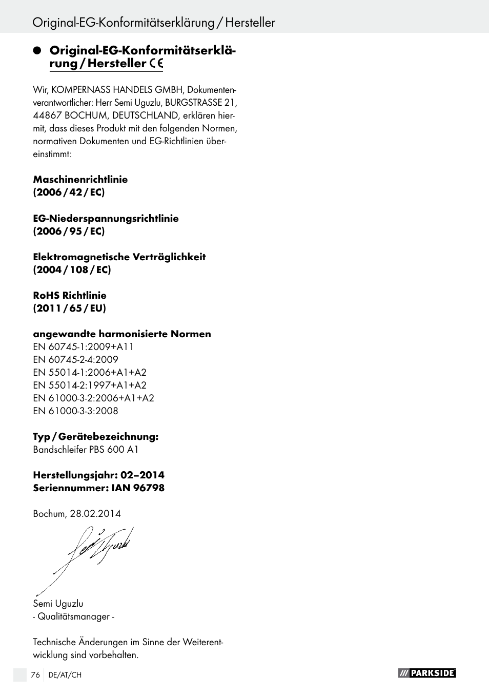 Original-eg-konformitätserklärung / hersteller | Parkside PBS 600 A1 User Manual | Page 76 / 77
