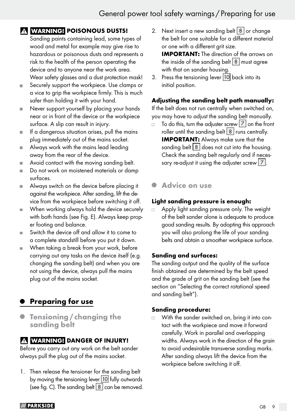 Preparing for use, Tensioning / changing the sanding belt, Advice on use | Parkside PBS 600 A1 User Manual | Page 9 / 77