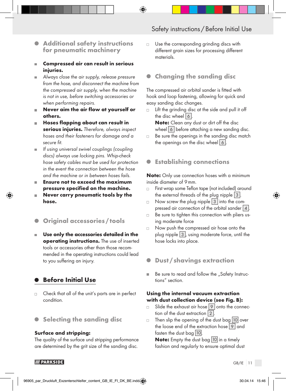 Original accessories / tools, Before initial use, Selecting the sanding disc | Changing the sanding disc, Establishing connections, Dust / shavings extraction | Parkside PDEXS 150 A1 User Manual | Page 11 / 81