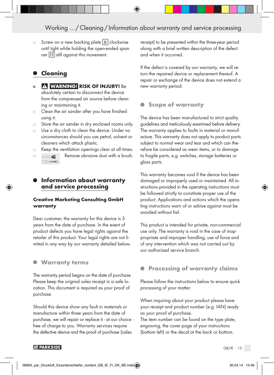 Cleaning, Information about warranty and service processing, Warranty terms | Scope of warranty, Processing of warranty claims | Parkside PDEXS 150 A1 User Manual | Page 13 / 81