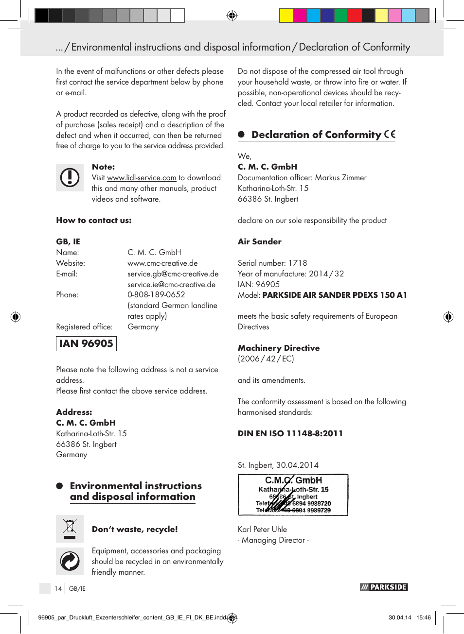 Sisällysluettelo, Declaration of conformity | Parkside PDEXS 150 A1 User Manual | Page 14 / 81