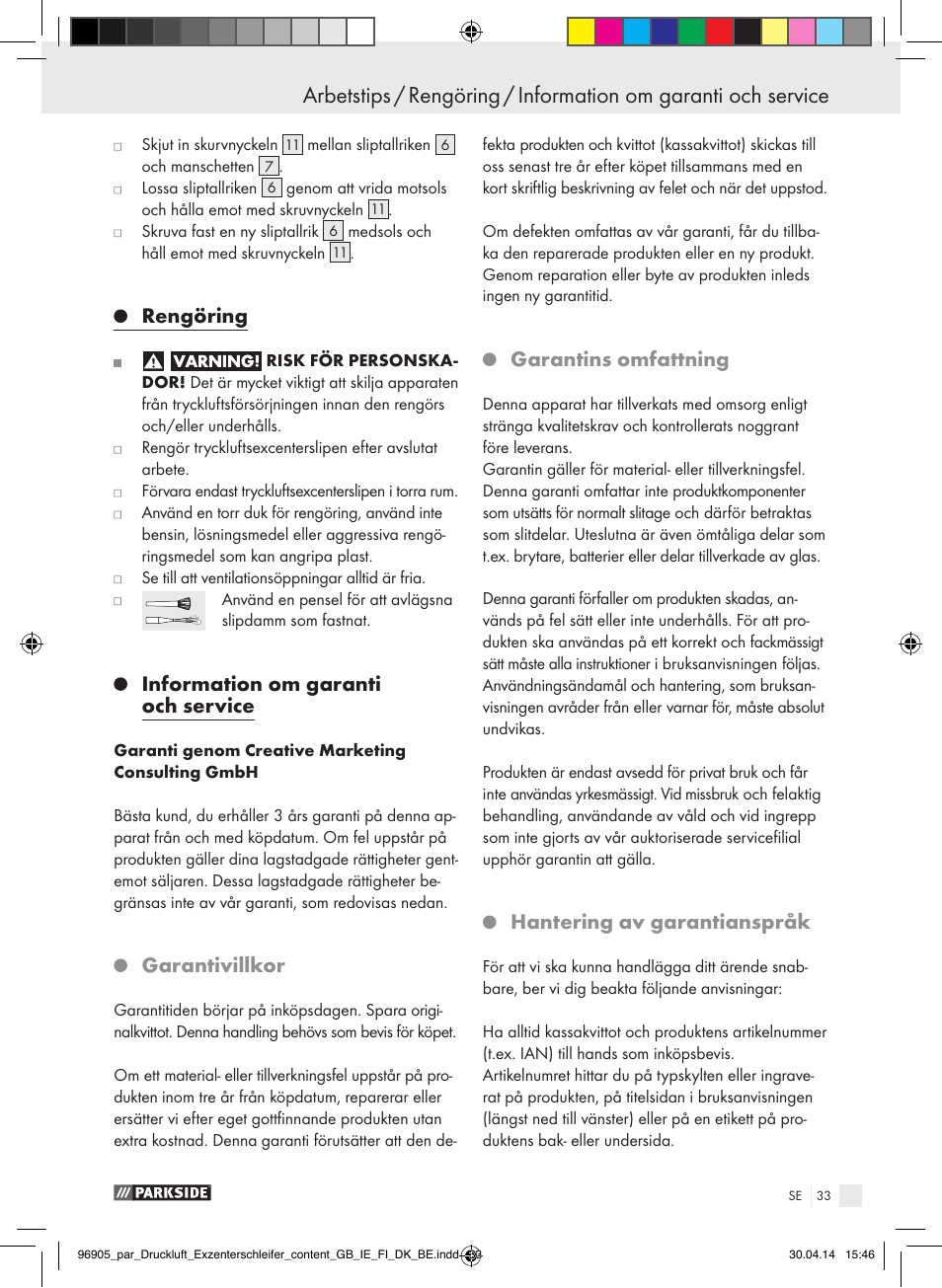 Rengöring, Information om garanti och service, Garantivillkor | Garantins omfattning, Hantering av garantianspråk | Parkside PDEXS 150 A1 User Manual | Page 33 / 81