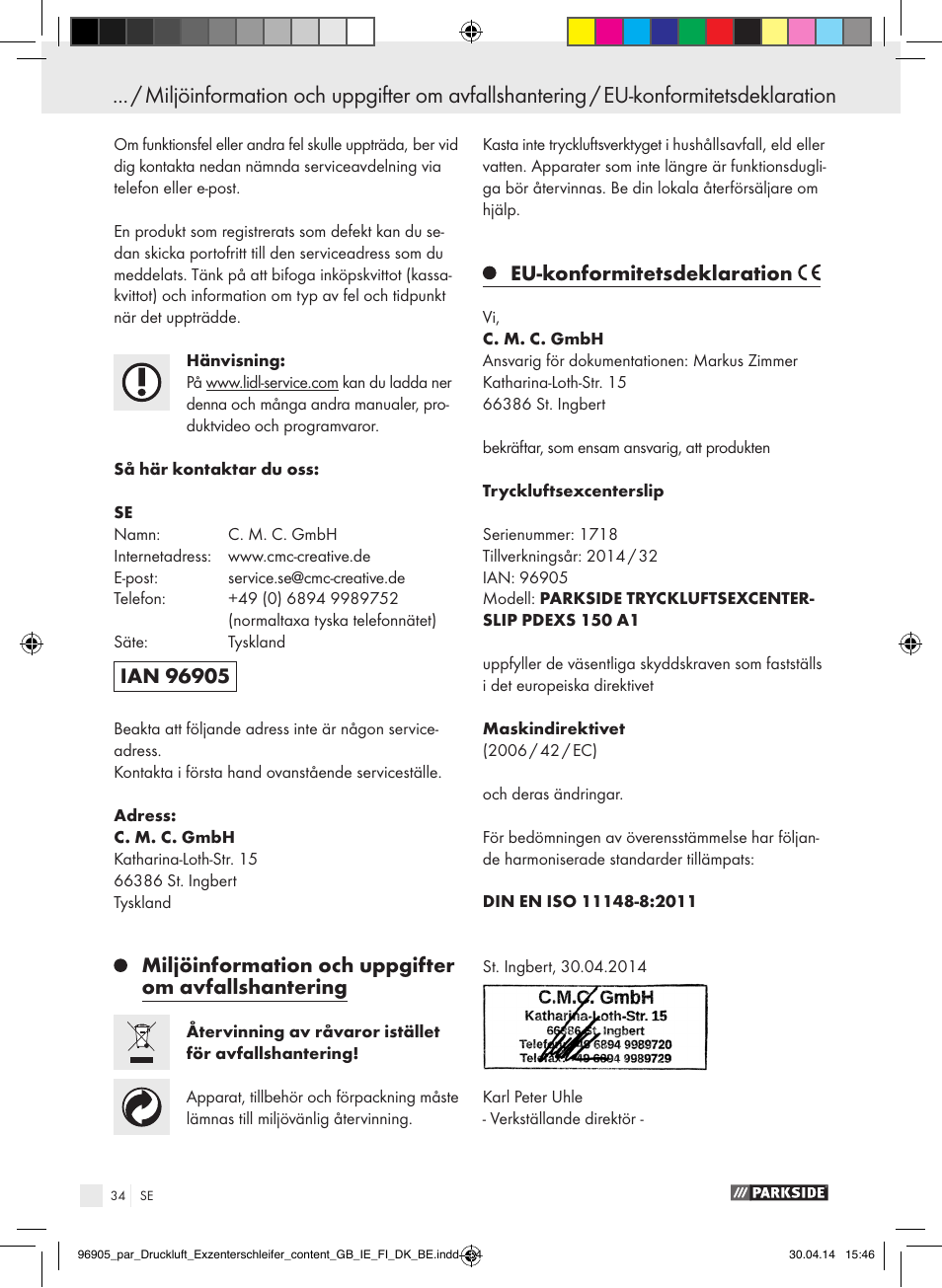 Indholdsfortegnelse, Miljöinformation och uppgifter om avfallshantering, Eu-konformitetsdeklaration | Parkside PDEXS 150 A1 User Manual | Page 34 / 81