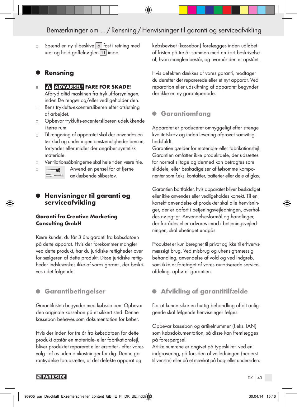 Rensning, Henvisninger til garanti og serviceafvikling, Garantibetingelser | Garantiomfang, Afvikling af garantitilfælde | Parkside PDEXS 150 A1 User Manual | Page 43 / 81