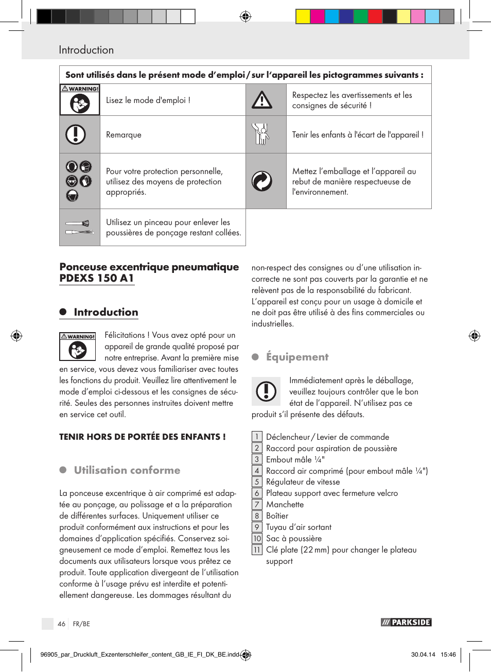 Utilisation conforme, Équipement | Parkside PDEXS 150 A1 User Manual | Page 46 / 81