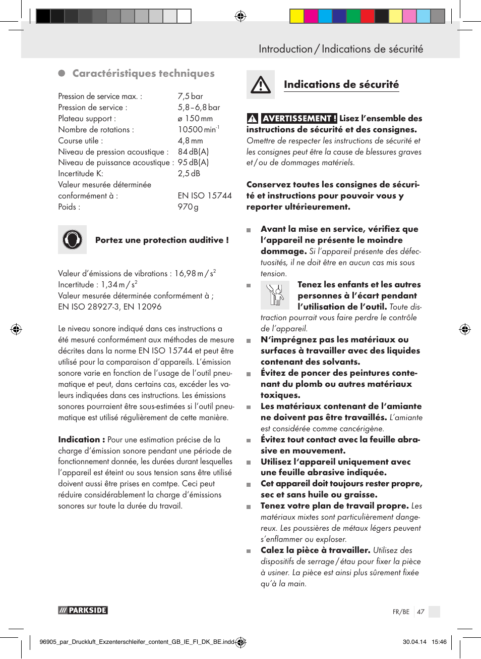 Caractéristiques techniques, Indications de sécurité | Parkside PDEXS 150 A1 User Manual | Page 47 / 81