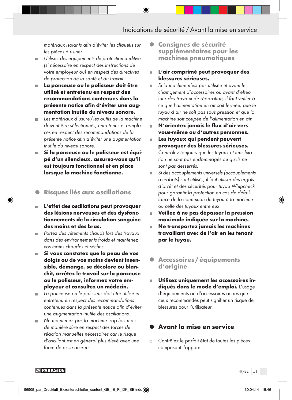 Risques liés aux oscillations, Accessoires / équipements d‘origine, Avant la mise en service | Parkside PDEXS 150 A1 User Manual | Page 51 / 81