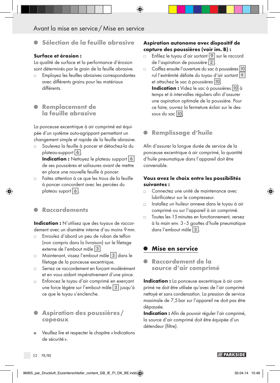 Sélection de la feuille abrasive, Remplacement de la feuille abrasive, Raccordements | Aspiration des poussières / copeaux, Remplissage d‘huile | Parkside PDEXS 150 A1 User Manual | Page 52 / 81