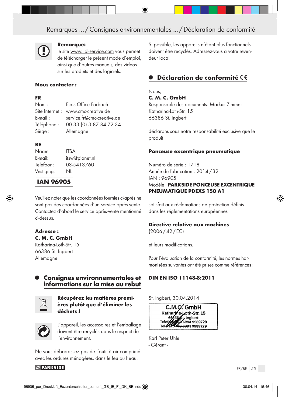 Déclaration de conformité | Parkside PDEXS 150 A1 User Manual | Page 55 / 81