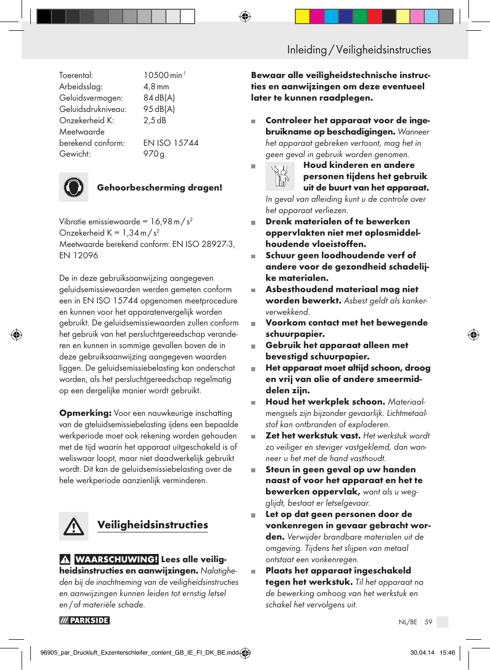 Inleiding inleiding / veiligheidsinstructies, Veiligheidsinstructies | Parkside PDEXS 150 A1 User Manual | Page 59 / 81