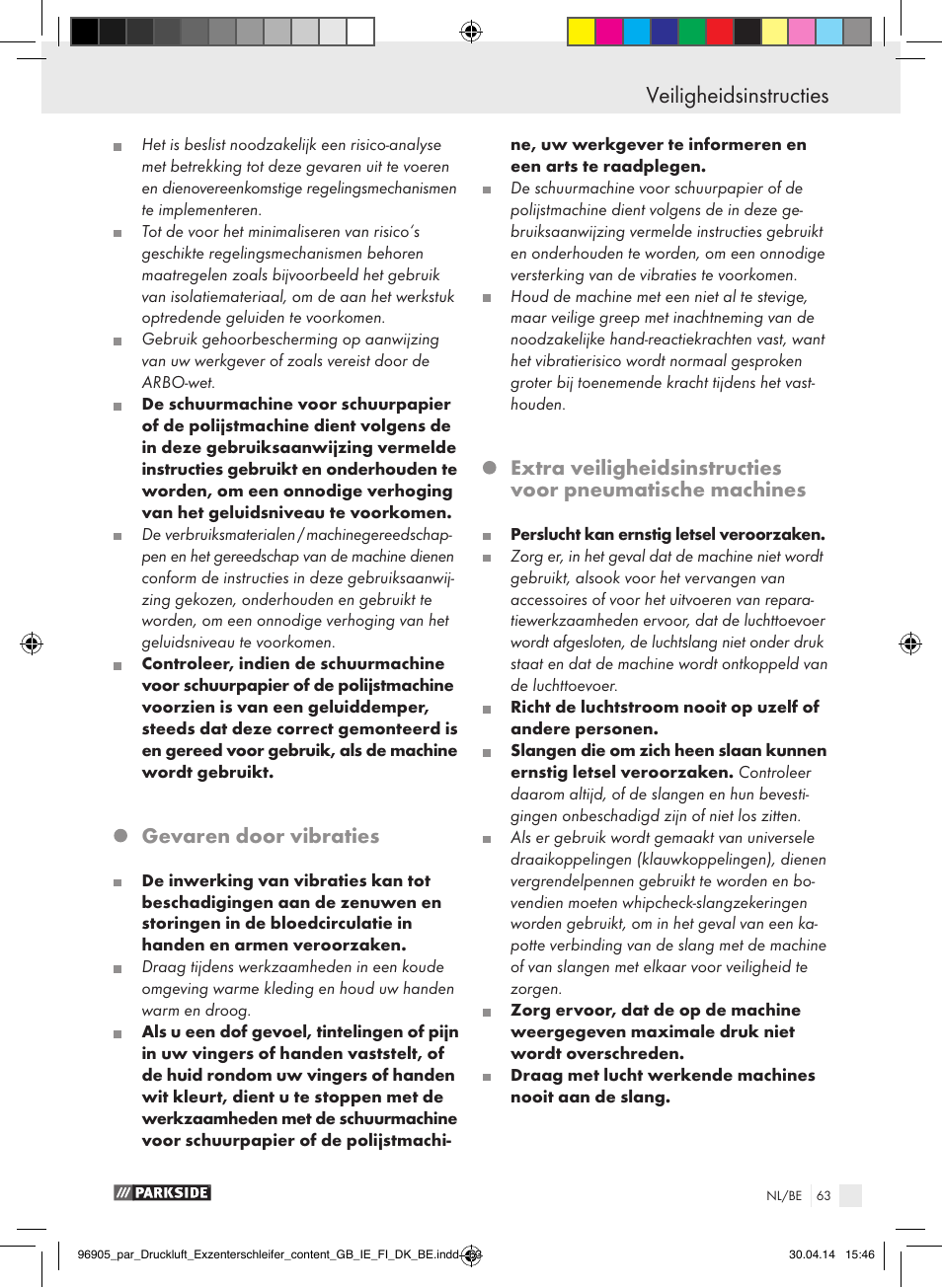 Veiligheidsinstructies, Gevaren door vibraties | Parkside PDEXS 150 A1 User Manual | Page 63 / 81