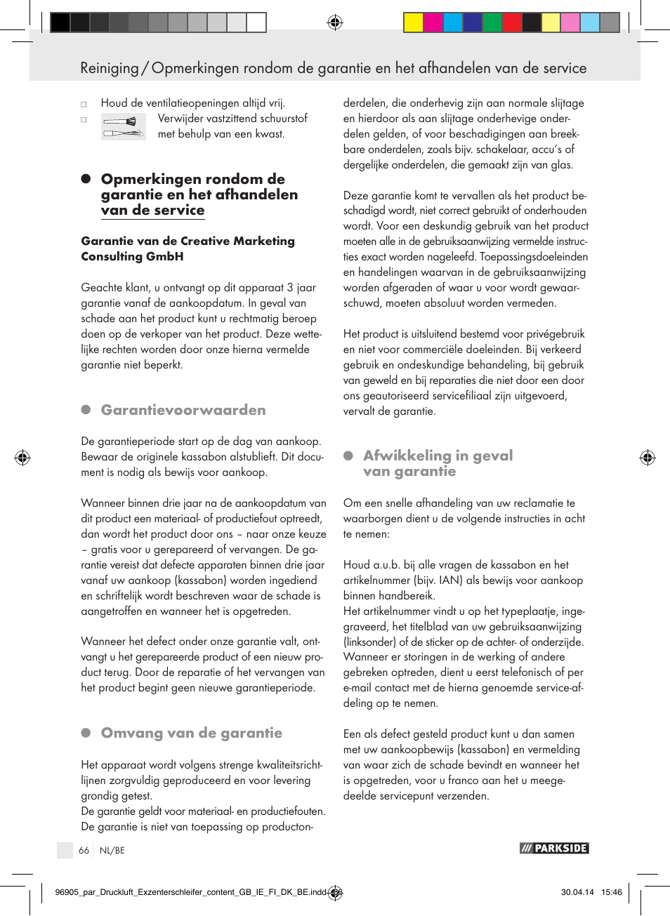 Garantievoorwaarden, Omvang van de garantie, Afwikkeling in geval van garantie | Parkside PDEXS 150 A1 User Manual | Page 66 / 81