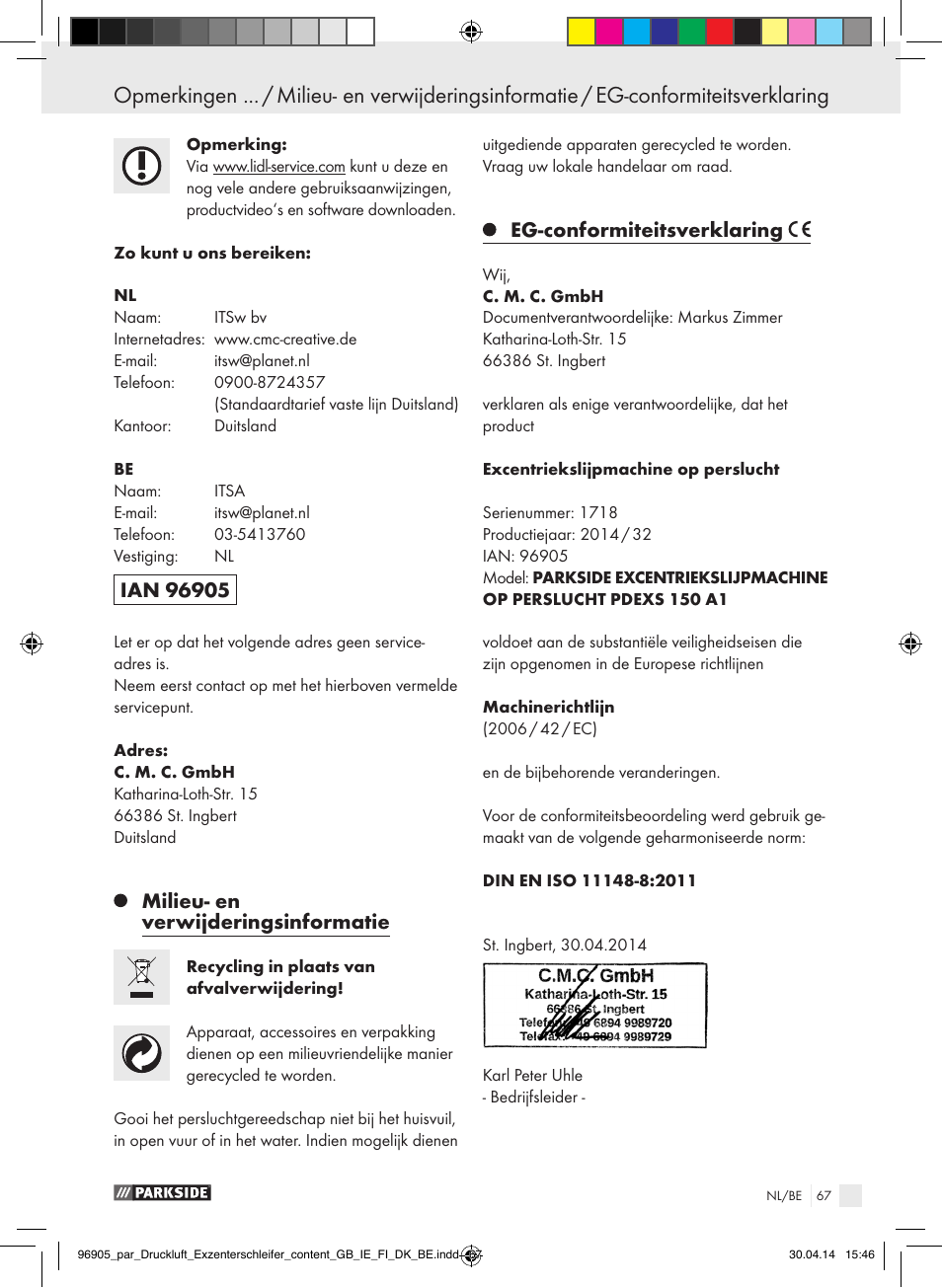 Milieu- en verwijderingsinformatie, Eg-conformiteitsverklaring | Parkside PDEXS 150 A1 User Manual | Page 67 / 81