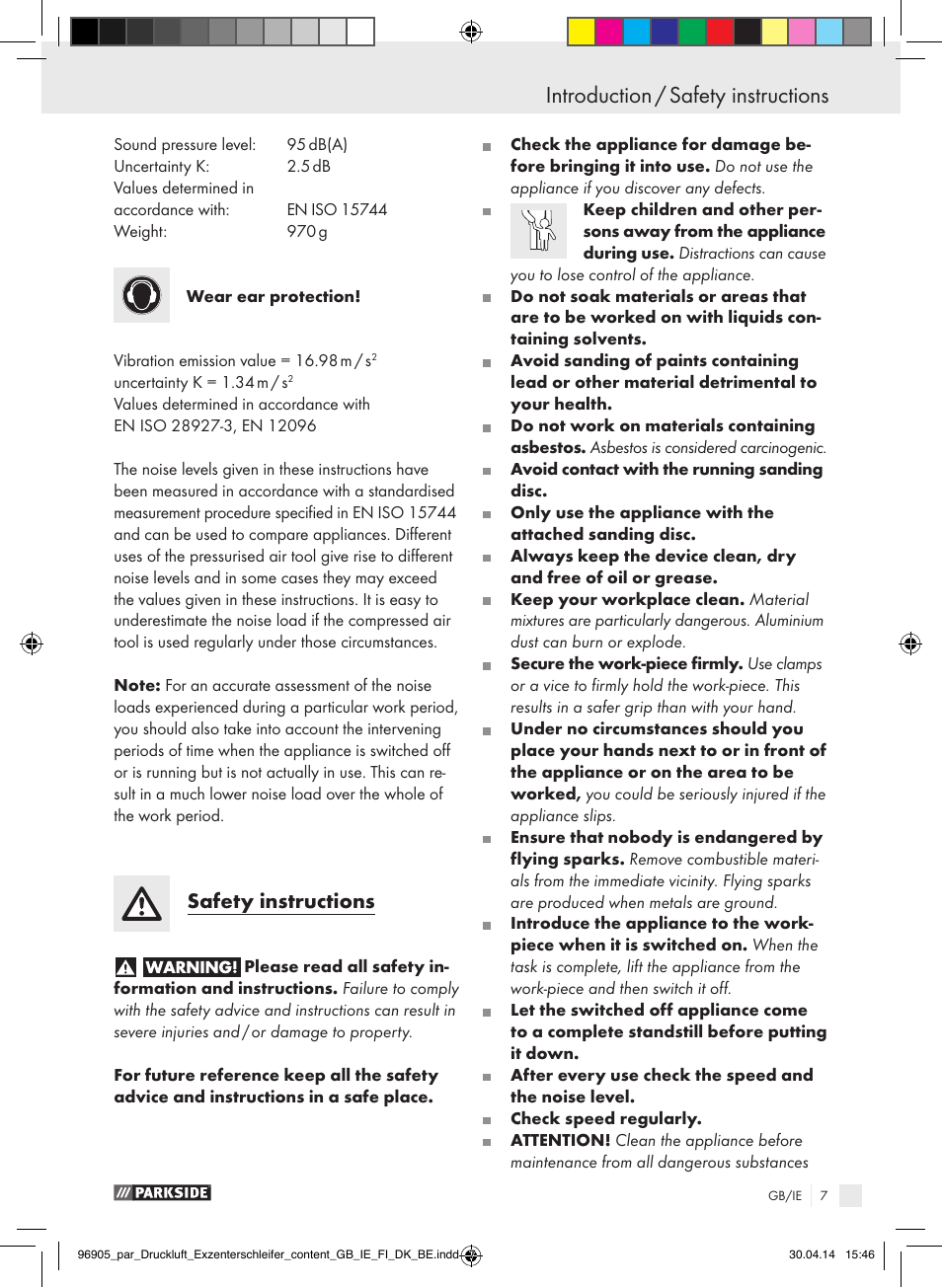 Introduction introduction / safety instructions, Safety instructions | Parkside PDEXS 150 A1 User Manual | Page 7 / 81