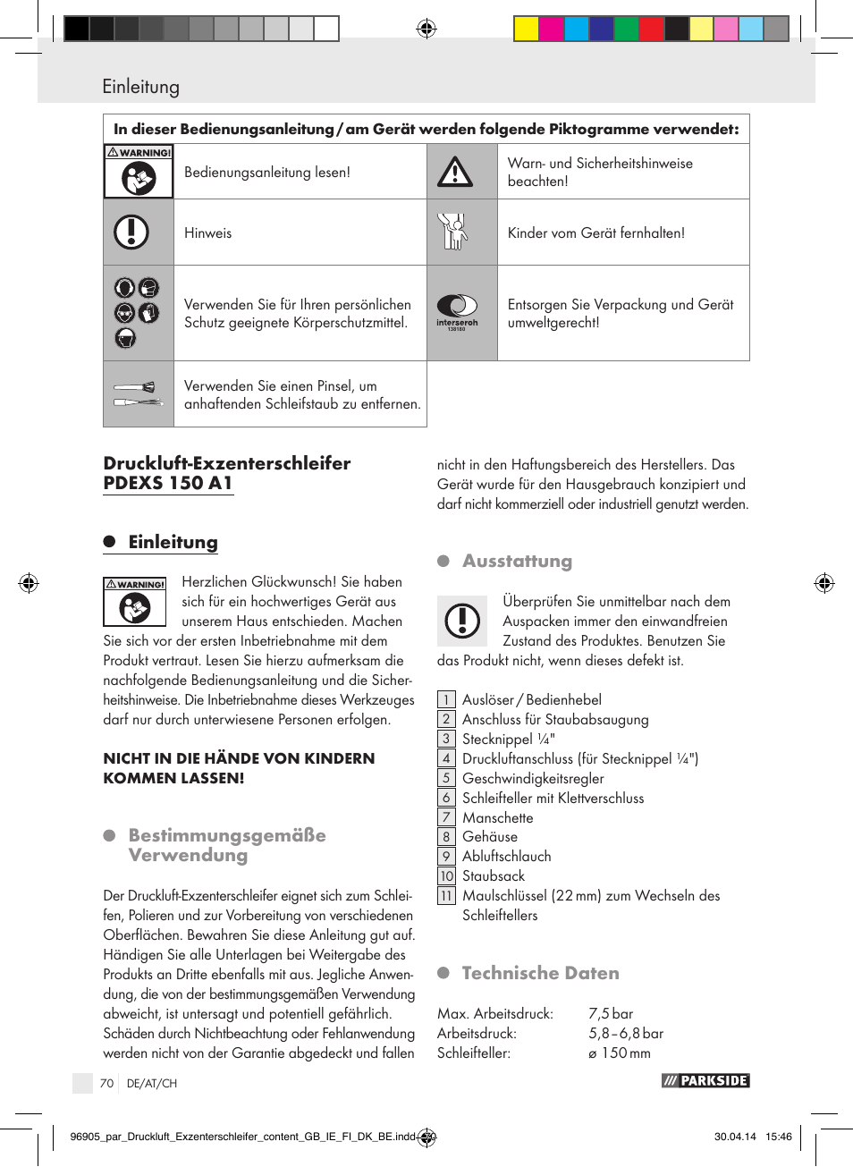 Einleitung einleitung / sicherheitshinweise, Bestimmungsgemäße verwendung, Ausstattung | Technische daten | Parkside PDEXS 150 A1 User Manual | Page 70 / 81