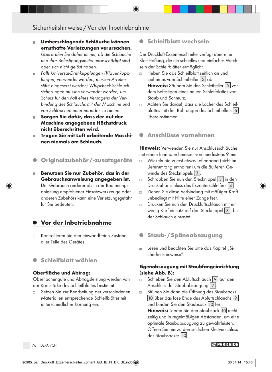 Originalzubehör / -zusatzgeräte, Vor der inbetriebnahme, Schleifblatt wählen | Schleifblatt wechseln, Anschlüsse vornehmen, Staub- / späneabsaugung | Parkside PDEXS 150 A1 User Manual | Page 76 / 81