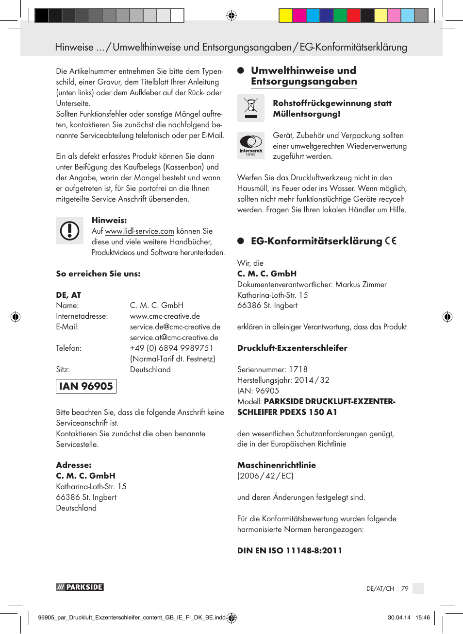 Umwelthinweise und entsorgungsangaben, Eg-konformitätserklärung | Parkside PDEXS 150 A1 User Manual | Page 79 / 81