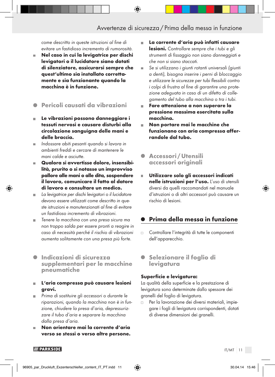 Pericoli causati da vibrazioni, Accessori / utensili accessori originali, Prima della messa in funzione | Selezionare il foglio di levigatura | Parkside PDEXS 150 A1 User Manual | Page 11 / 51