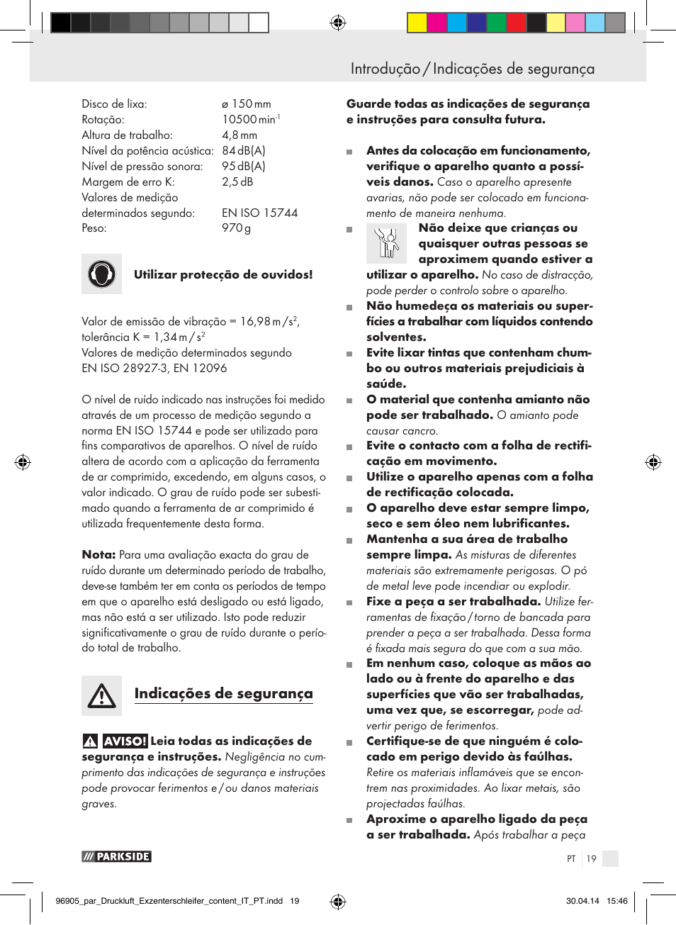 Introdução / indicações de segurança, Introdução, Indicações de segurança | Parkside PDEXS 150 A1 User Manual | Page 19 / 51