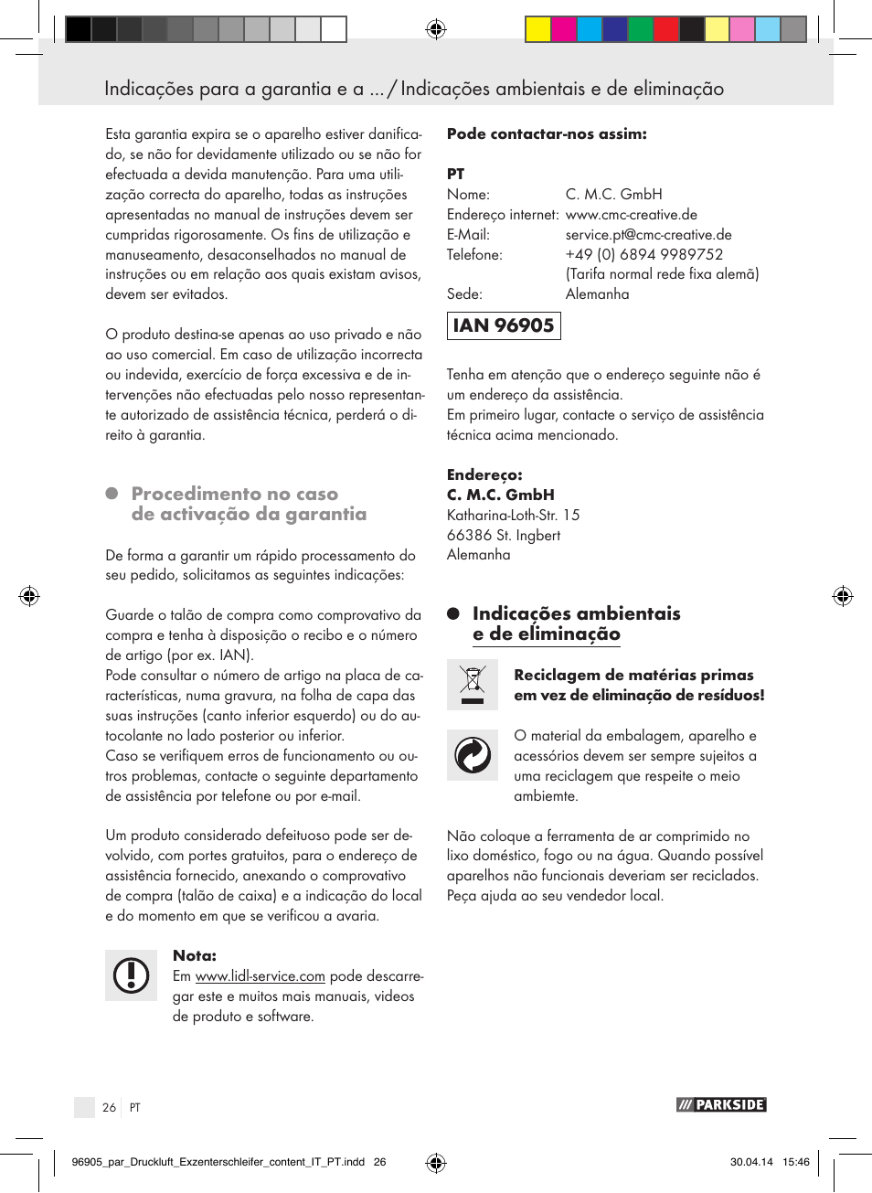 Procedimento no caso de activação da garantia, Indicações ambientais e de eliminação | Parkside PDEXS 150 A1 User Manual | Page 26 / 51