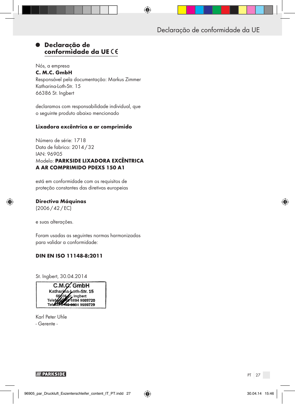 Declaração de conformidade da ue | Parkside PDEXS 150 A1 User Manual | Page 27 / 51