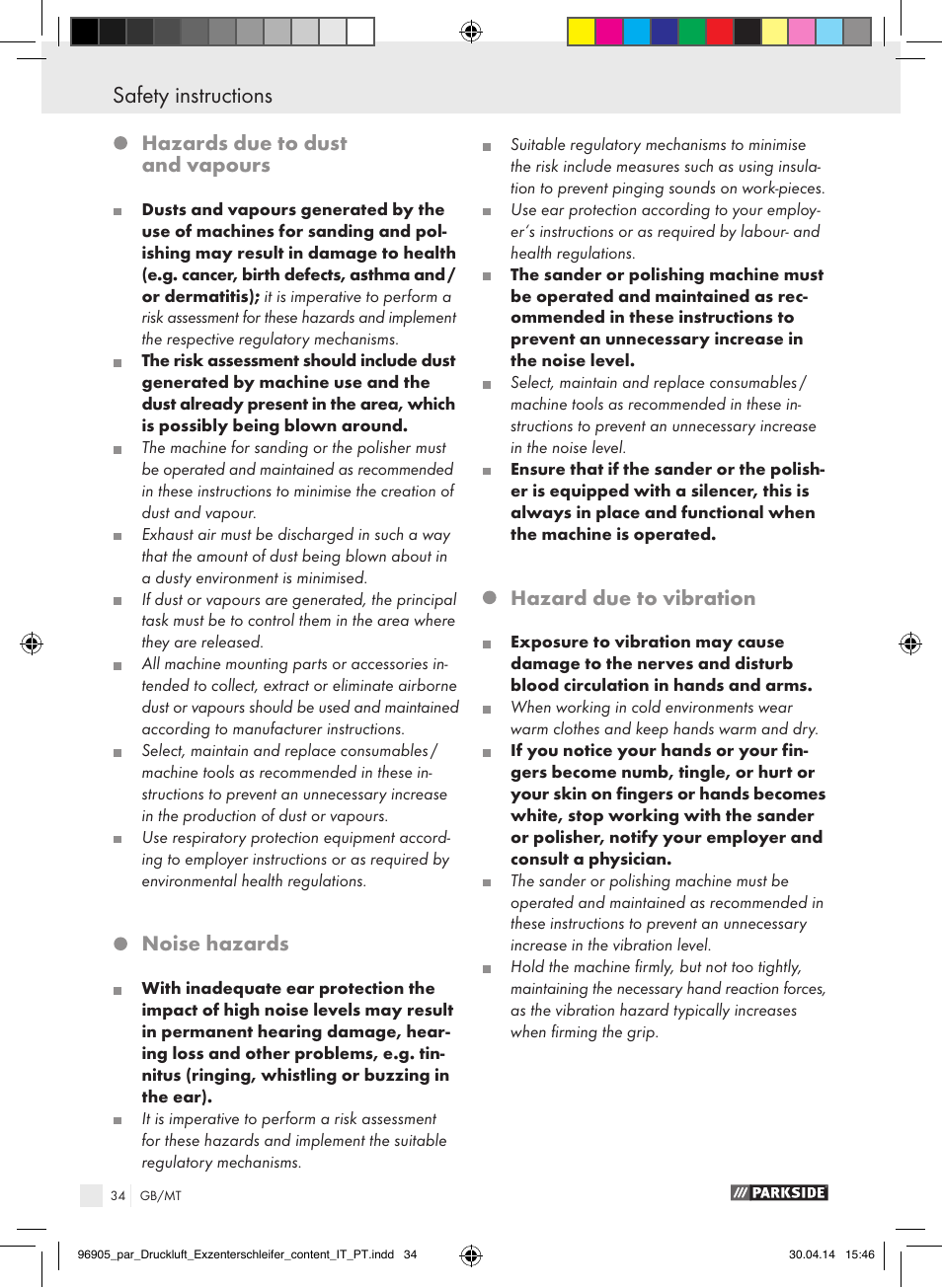 Hazards due to dust and vapours, Noise hazards, Hazard due to vibration | Parkside PDEXS 150 A1 User Manual | Page 34 / 51