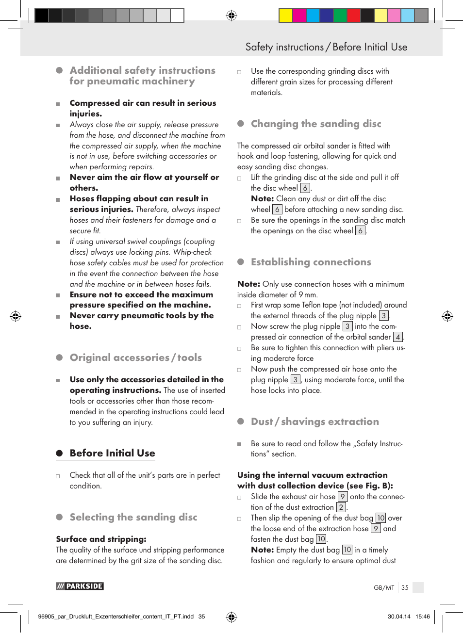 Original accessories / tools, Before initial use, Selecting the sanding disc | Changing the sanding disc, Establishing connections, Dust / shavings extraction | Parkside PDEXS 150 A1 User Manual | Page 35 / 51