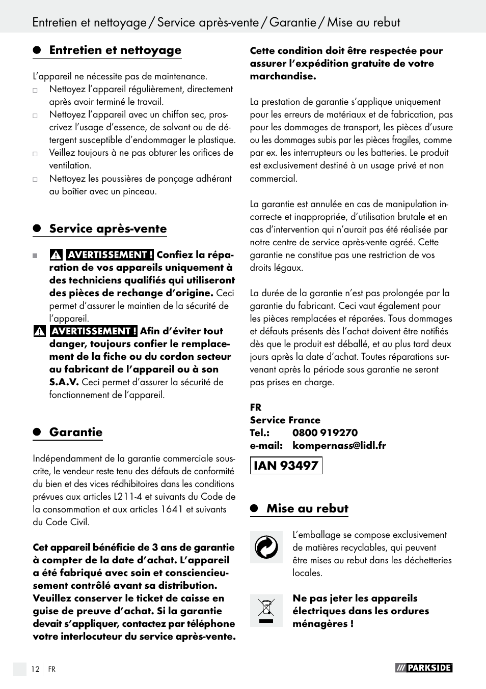 Entretien et nettoyage, Service après-vente, Garantie | Mise au rebut | Parkside PSFS 250 A1 User Manual | Page 12 / 33