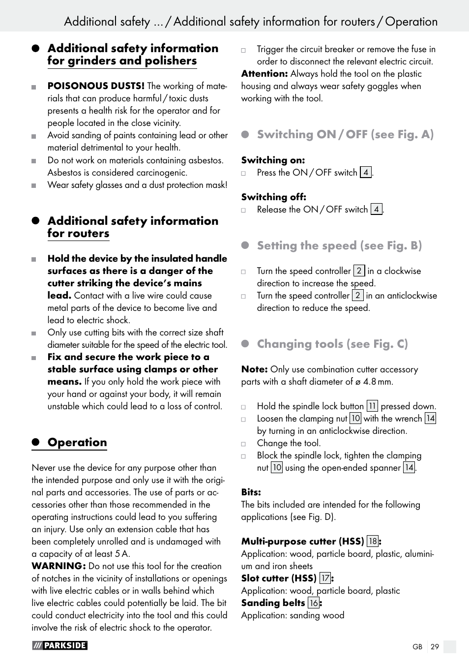General safety advice for electrical power tools, Additional safety information for routers, Operation | Switching on / off (see fig. a), Setting the speed (see fig. b), Changing tools (see fig. c) | Parkside PSFS 250 A1 User Manual | Page 29 / 33