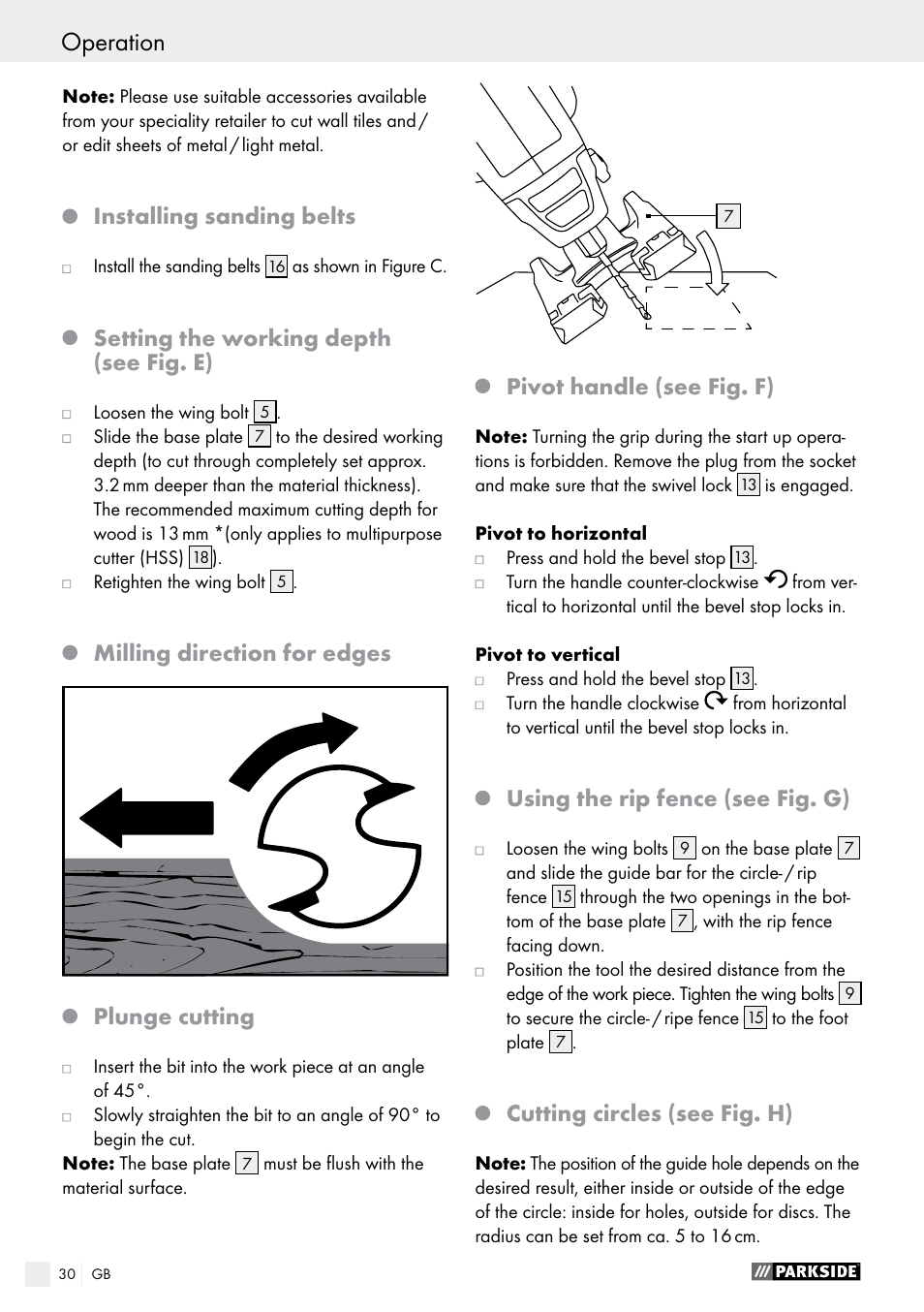 Installing sanding belts, Setting the working depth (see fig. e), Milling direction for edges plunge cutting | Pivot handle (see fig. f), Using the rip fence (see fig. g), Cutting circles (see fig. h) | Parkside PSFS 250 A1 User Manual | Page 30 / 33