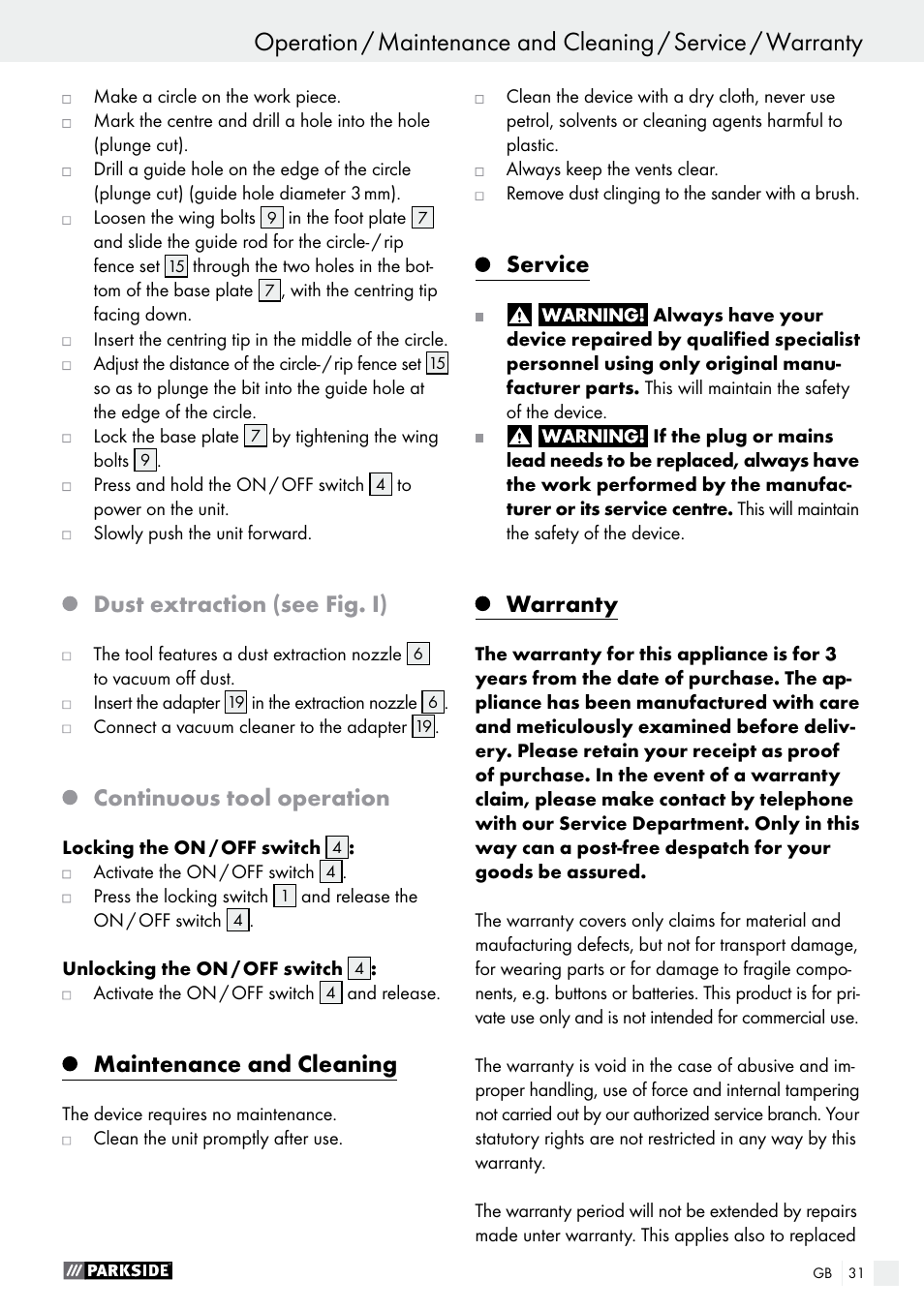 Operation, Dust extraction (see fig. i), Continuous tool operation | Maintenance and cleaning, Service, Warranty | Parkside PSFS 250 A1 User Manual | Page 31 / 33