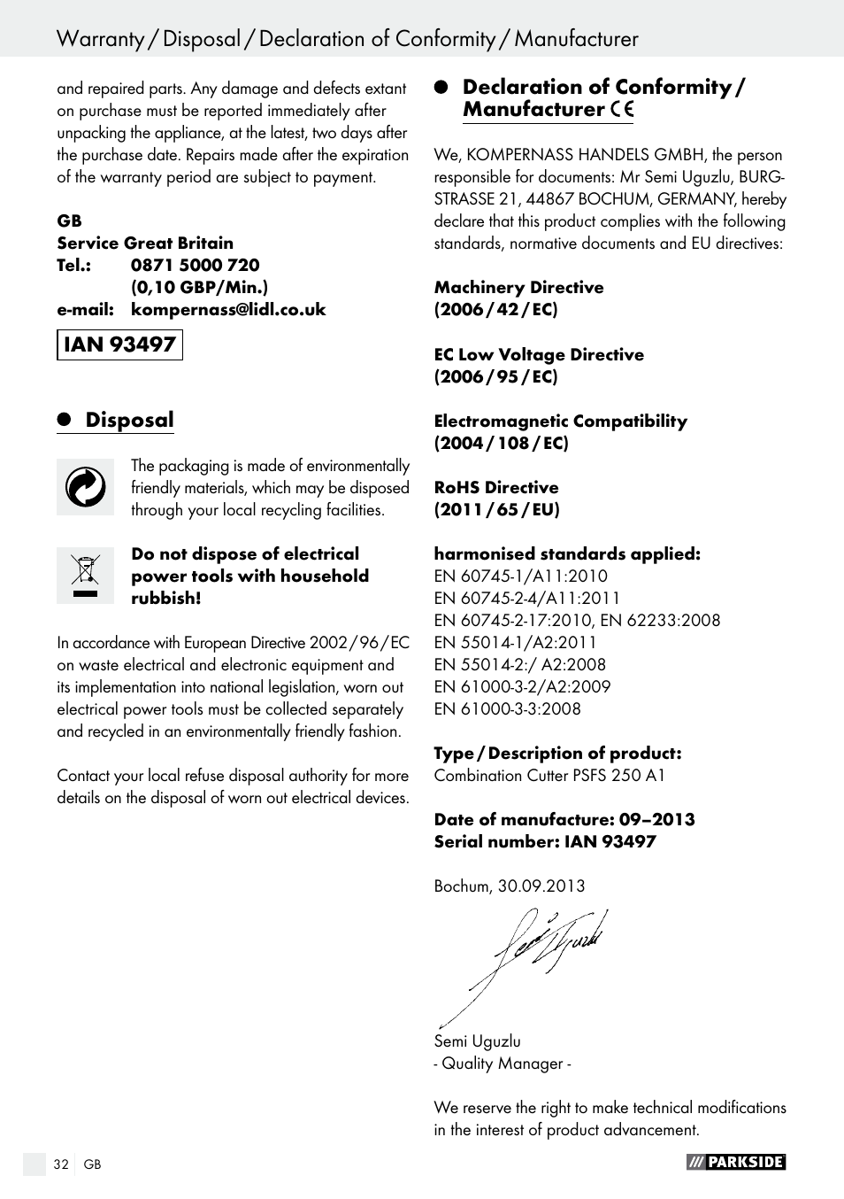 Disposal, Declaration of conformity / manufacturer | Parkside PSFS 250 A1 User Manual | Page 32 / 33