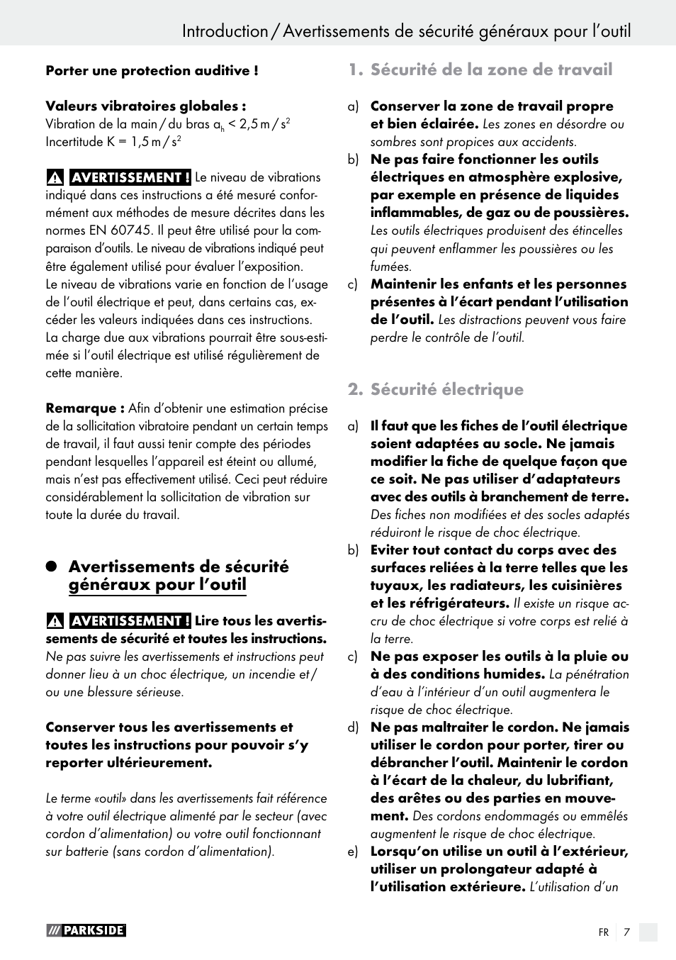 Avertissements de sécurité généraux pour l’outil, Sécurité de la zone de travail, Sécurité électrique | Parkside PSFS 250 A1 User Manual | Page 7 / 33