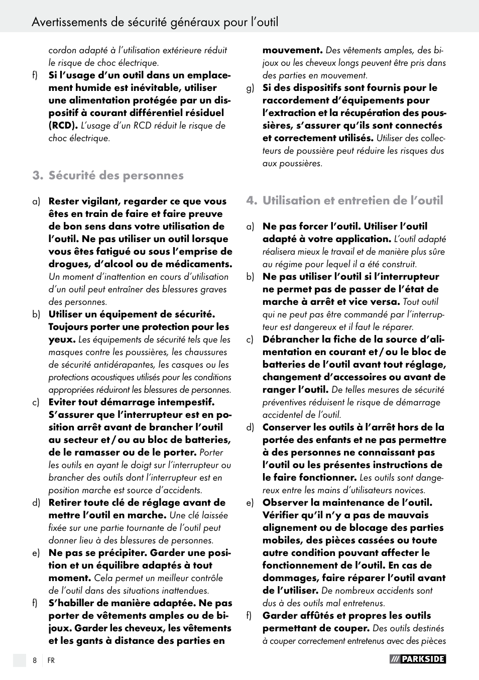 Avertissements de sécurité généraux pour l’outil, Sécurité des personnes, Utilisation et entretien de l’outil | Parkside PSFS 250 A1 User Manual | Page 8 / 33