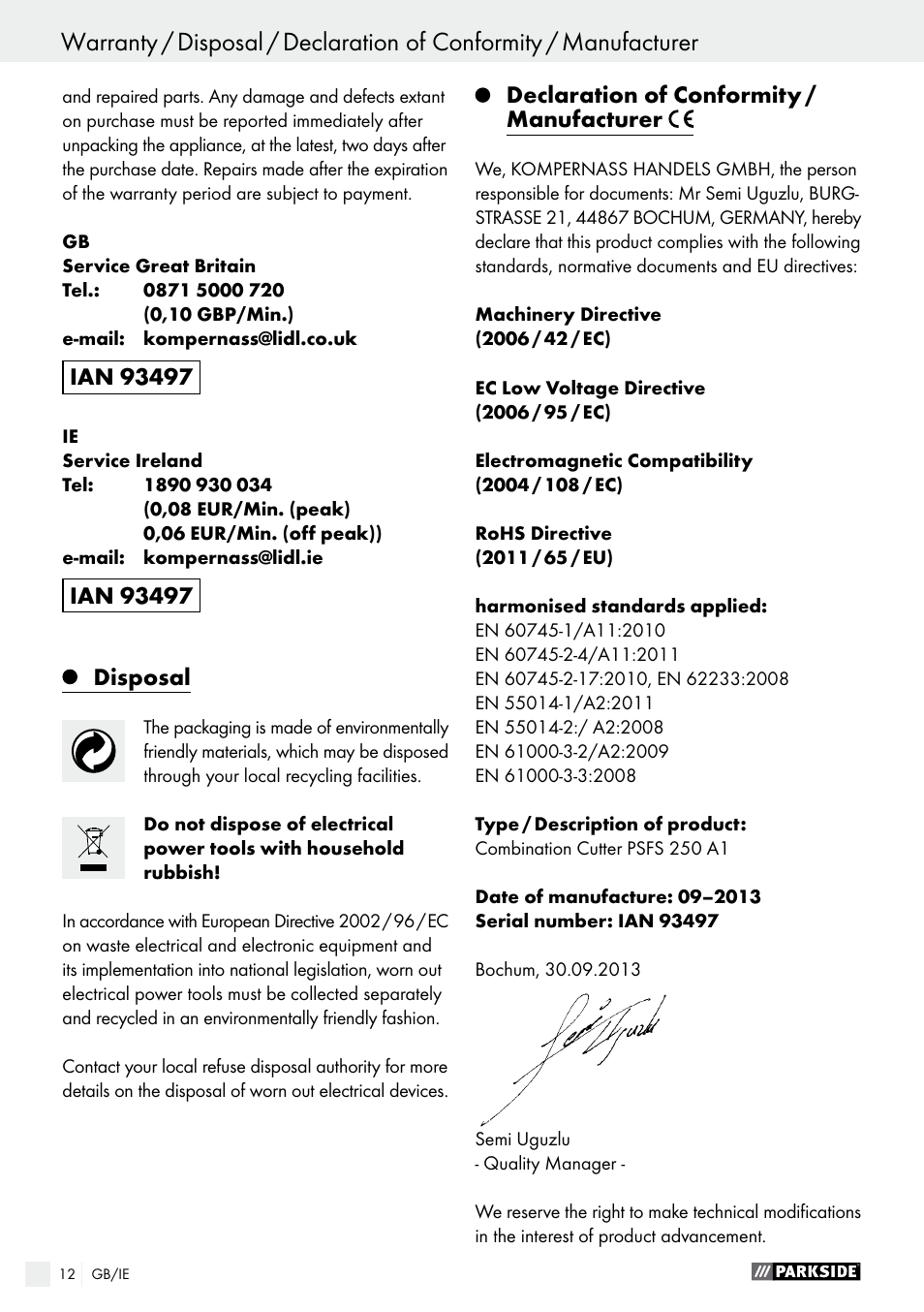 Sisällysluettelo | Parkside PSFS 250 A1 User Manual | Page 12 / 58