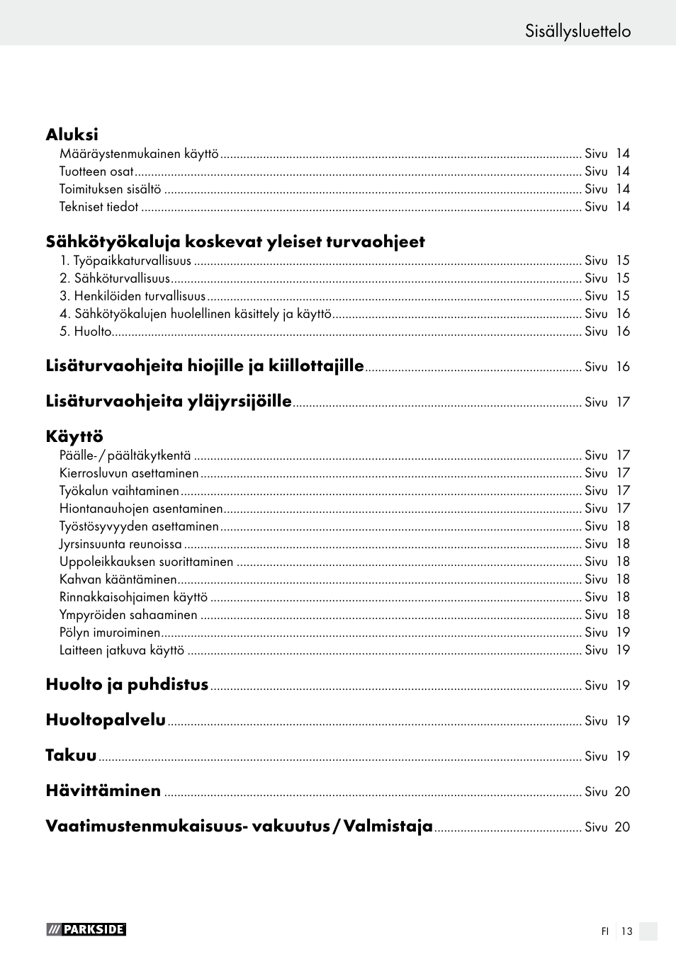 Sisällysluettelo | Parkside PSFS 250 A1 User Manual | Page 13 / 58