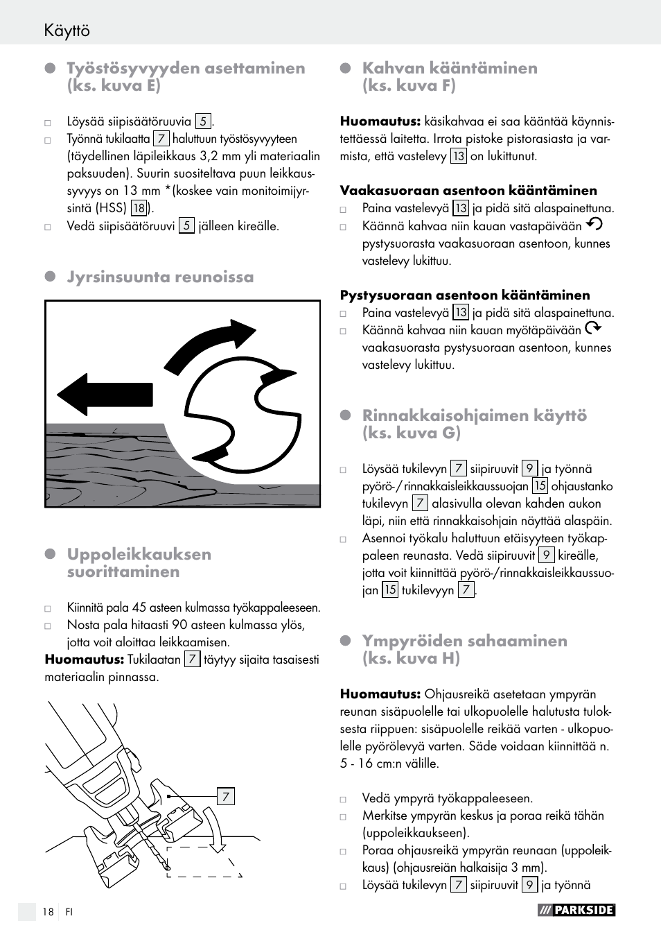 Työstösyvyyden asettaminen (ks. kuva e), Kahvan kääntäminen (ks. kuva f), Rinnakkaisohjaimen käyttö (ks. kuva g) | Ympyröiden sahaaminen (ks. kuva h) | Parkside PSFS 250 A1 User Manual | Page 18 / 58