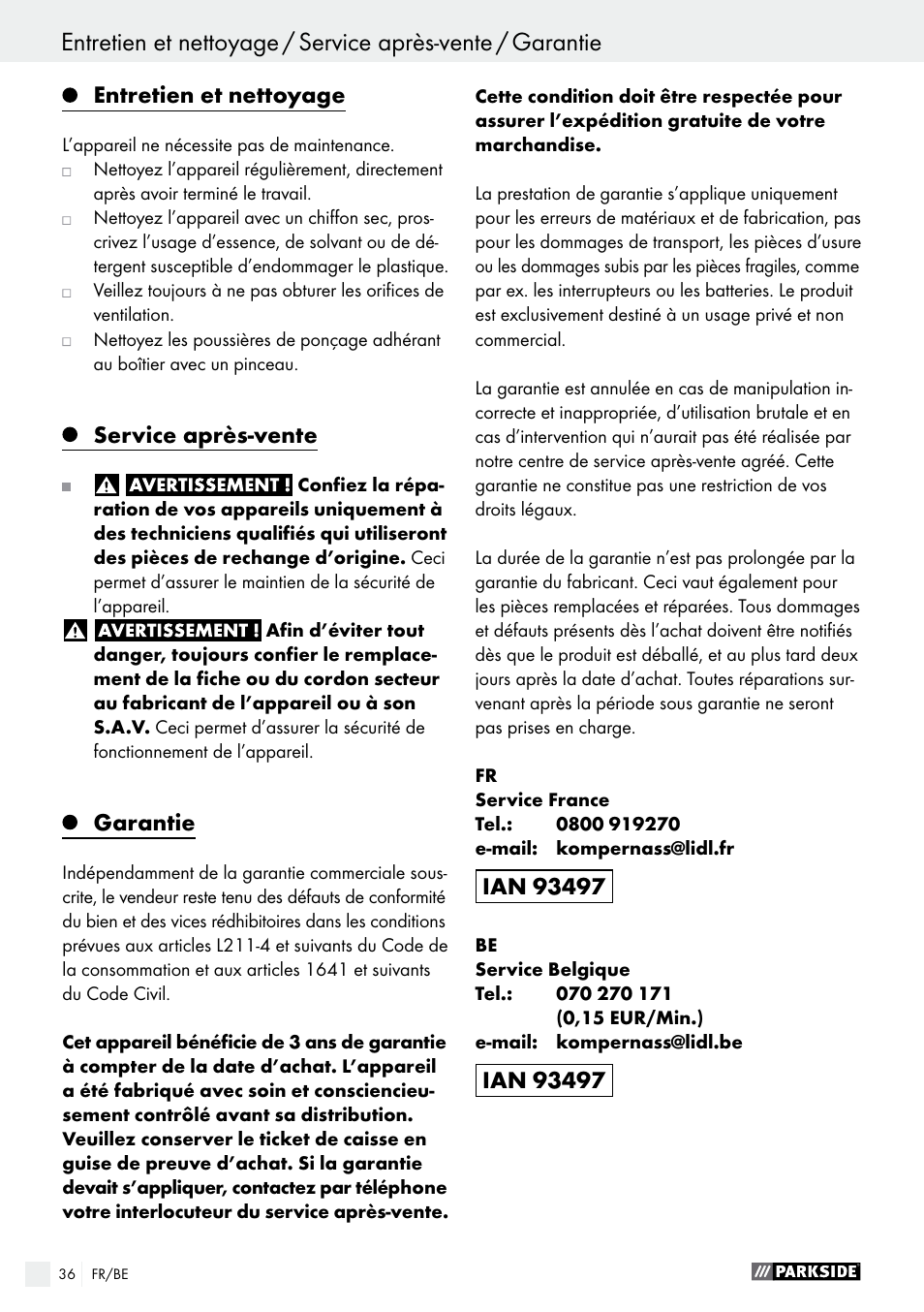 Entretien et nettoyage, Service après-vente, Garantie | Parkside PSFS 250 A1 User Manual | Page 36 / 58