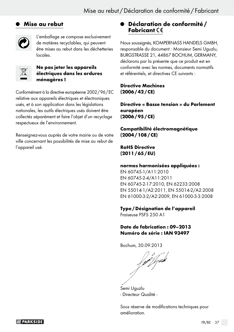 Mise au rebut, Déclaration de conformité / fabricant | Parkside PSFS 250 A1 User Manual | Page 37 / 58