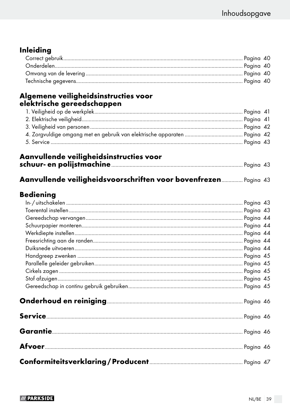 Inhoudsopgave | Parkside PSFS 250 A1 User Manual | Page 39 / 58