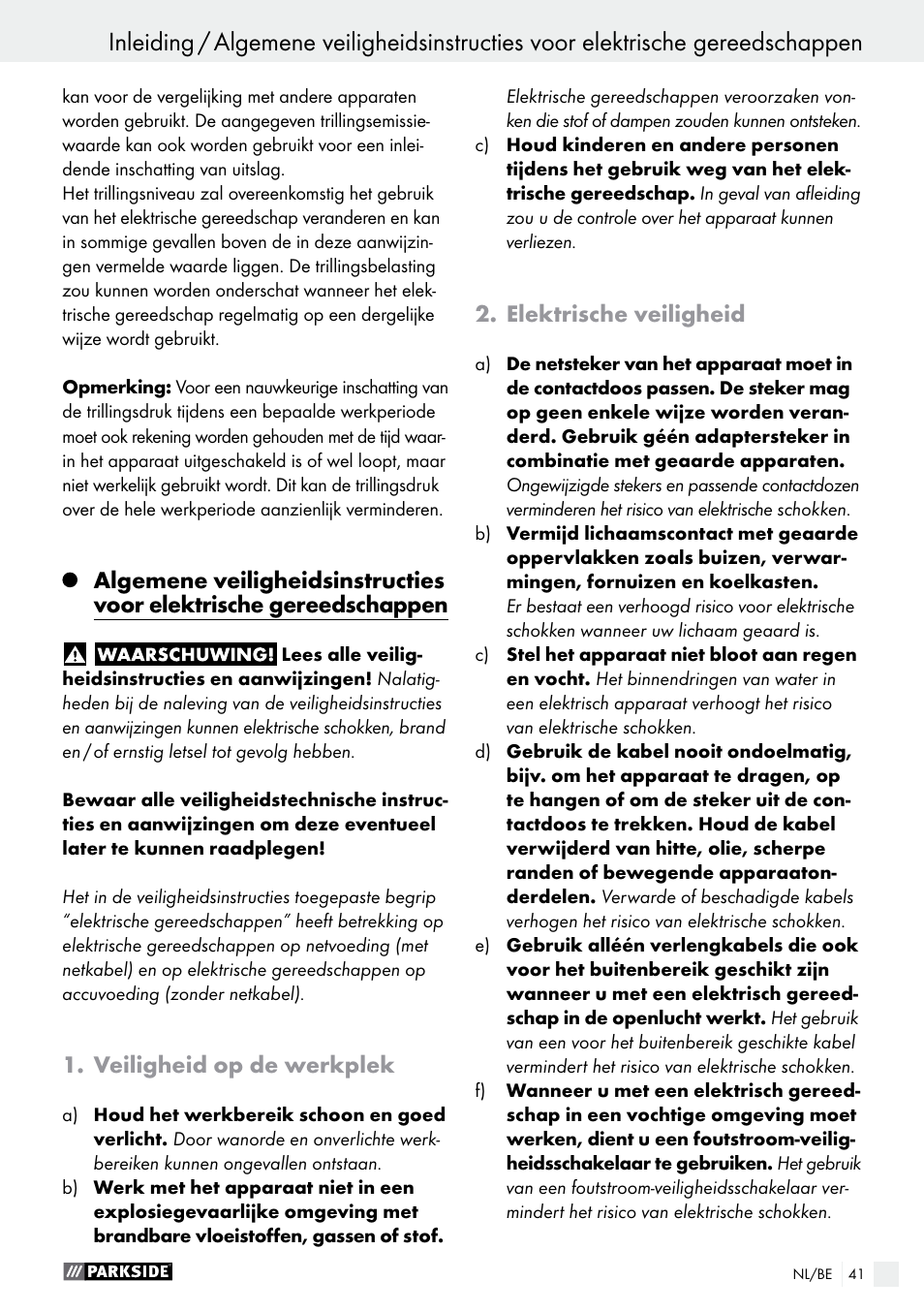 Veiligheid op de werkplek, Elektrische veiligheid | Parkside PSFS 250 A1 User Manual | Page 41 / 58