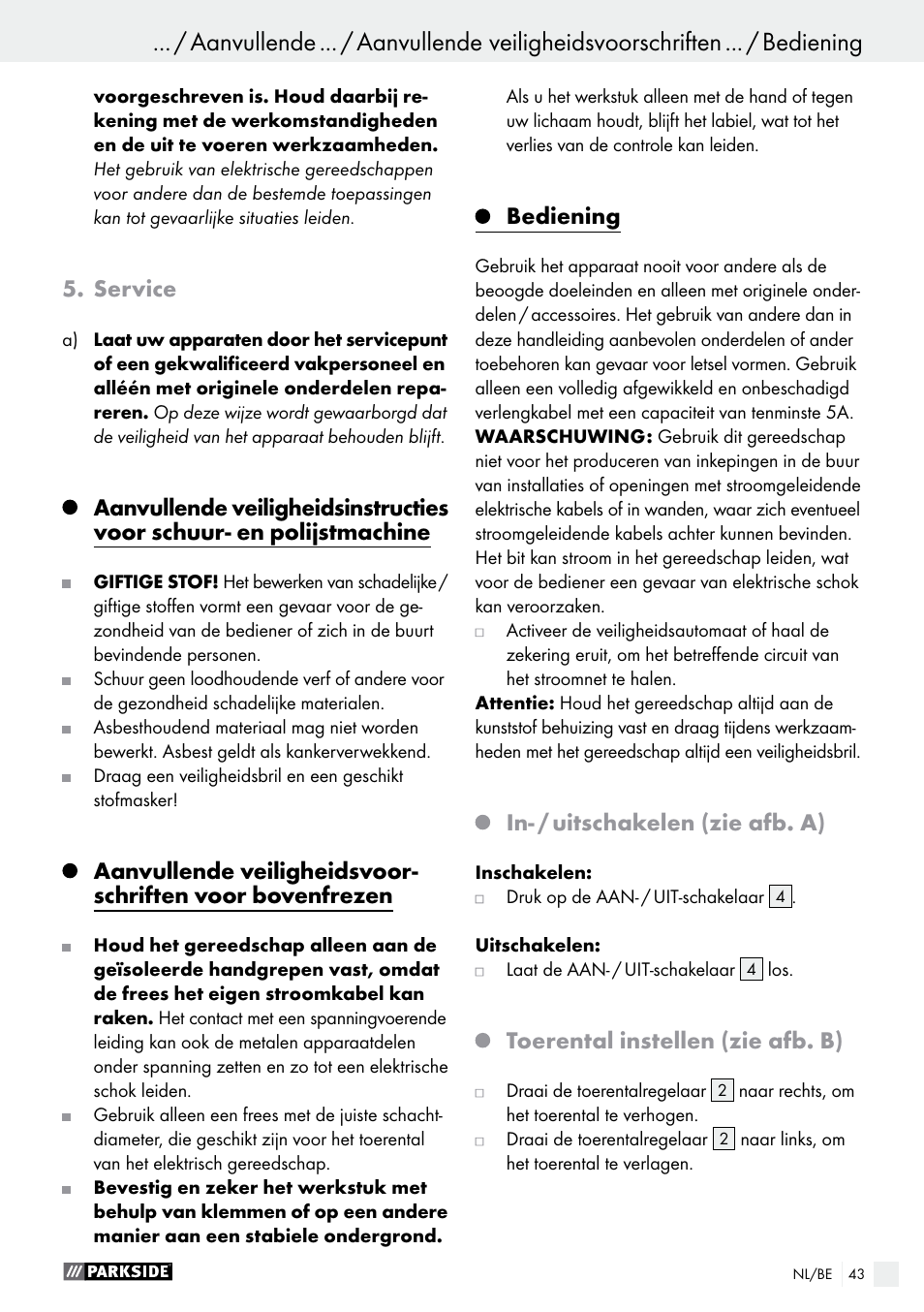 Service, Bediening, In- / uitschakelen (zie afb. a) | Toerental instellen (zie afb. b) | Parkside PSFS 250 A1 User Manual | Page 43 / 58