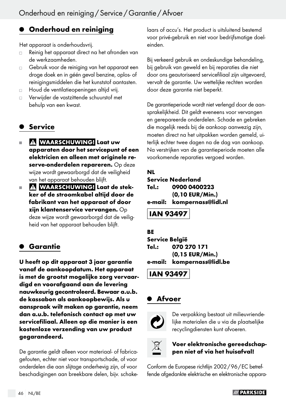 Onderhoud en reiniging, Service, Garantie | Afvoer | Parkside PSFS 250 A1 User Manual | Page 46 / 58