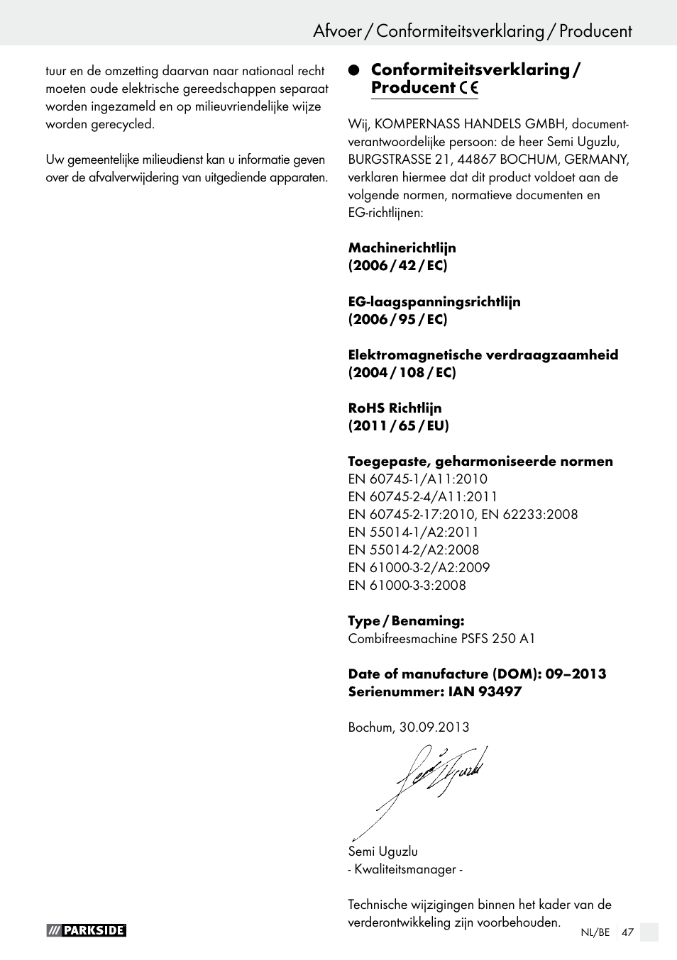 Afvoer / conformiteitsverklaring / producent, Conformiteitsverklaring / producent | Parkside PSFS 250 A1 User Manual | Page 47 / 58