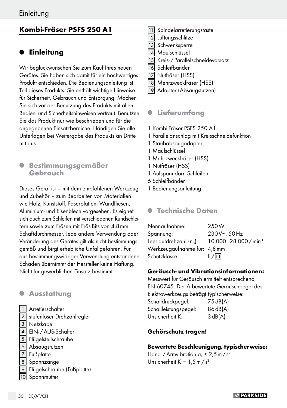 Kombi-fräser psfs 250 a1, Einleitung, Bestimmungsgemäßer gebrauch | Ausstattung, Lieferumfang, Technische daten | Parkside PSFS 250 A1 User Manual | Page 50 / 58